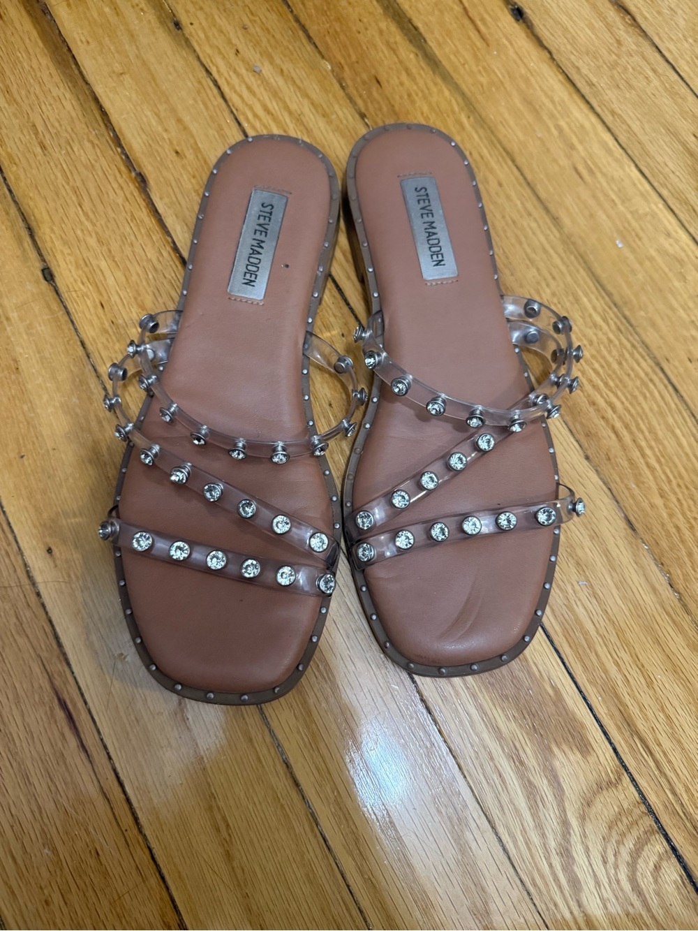 Steve Madden Brown Slide Sandals with Clear Rhinestone Straps